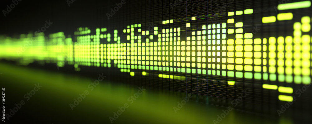 Poster a green line of squares with a yellow background. the squares are all different sizes and are arrang