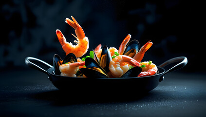perfectly cooked pan of seafood - with succulent shrimp, mussels, and fish pieces on dark background
