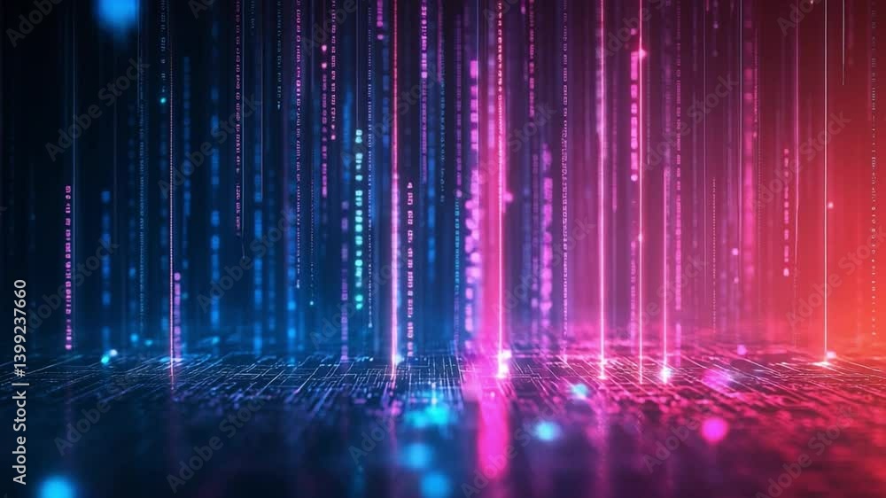Poster digital rain: a futuristic depiction of data streams cascading through a dynamic digital landscape, 