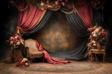 Vintage theater stage, opulent backdrop, dramatic lighting