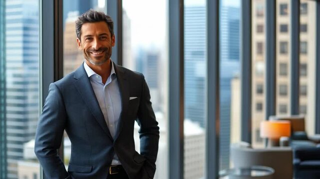 Successful Executive: A confident, professional man, exuding charisma in a tailored suit, poses before a modern high-rise cityscape. Capturing leadership and vision.