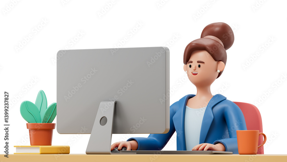 Poster a woman is seated at a desk with a laptop, symbolizing a typical office environment and the daily wo