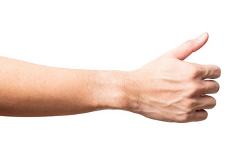 isolated of male hand holding something like a bottle or can.