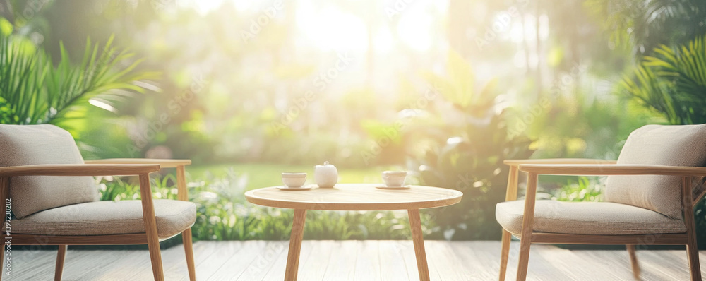 Poster a wooden table with two chairs and two cups on it. the scene is set in a garden with a view of the t