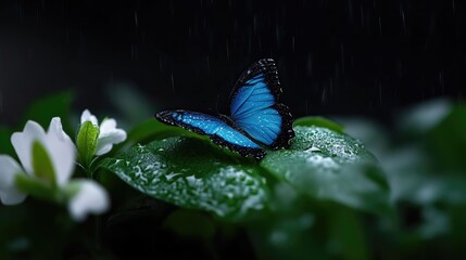 A vibrant blue butterfly rests on a dewy leaf, surrounded by white flowers in the rain