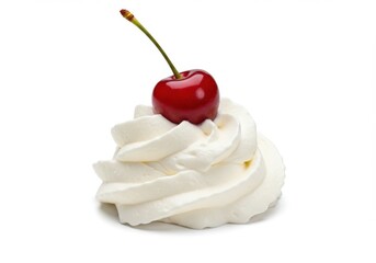 A close up of a red cherry with stem on top of a swirl of white whipped cream on a white background