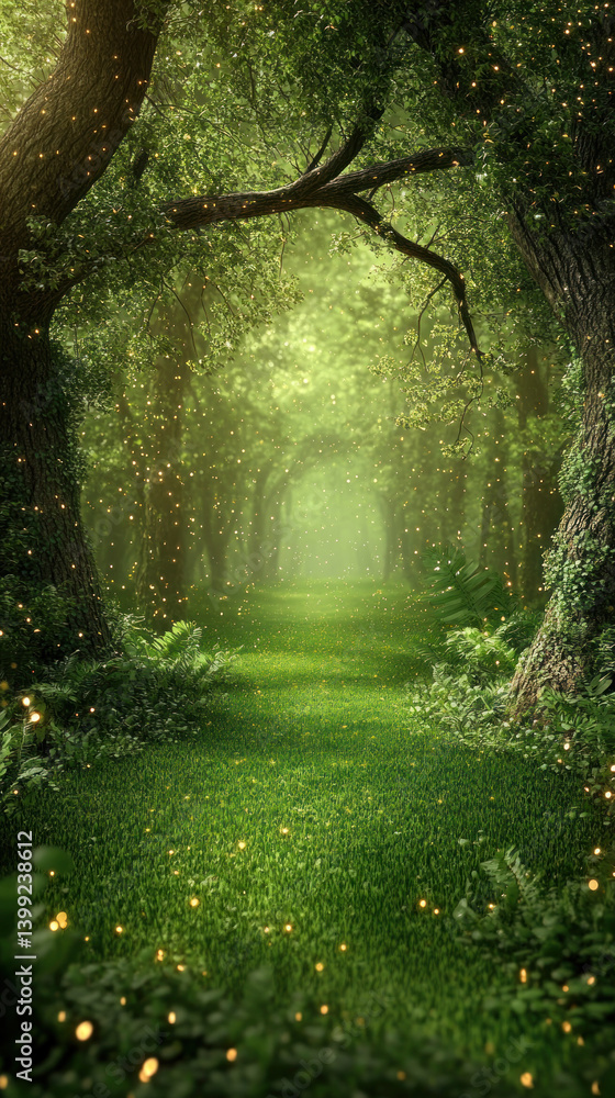 Poster a forest path with trees and grass. the grass is green and the trees are tall. the path is lit up wi