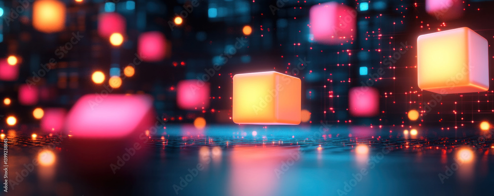 Poster a computer generated image of three cubes in a blue background. the cubes are lit up in different co