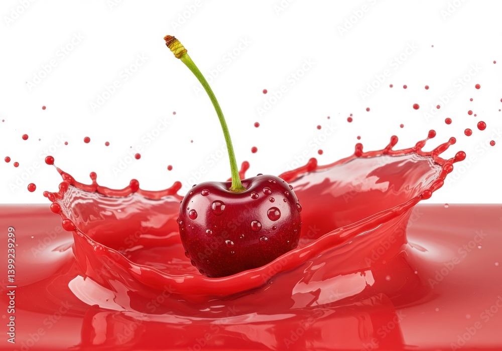 Aufkleber a single cherry falling into red liquid creating a splash on a white background in a studio shot