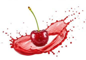 A single cherry with a stem surrounded by a splash of vibrant red juice on a white background