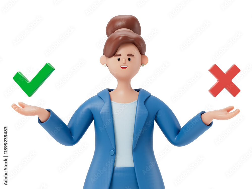 Aufkleber a woman holds a green checkmark in his right hand and a red cross in his left, symbolizing the conce