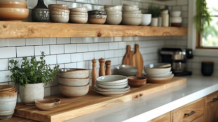 Rustic Kitchen Design Featuring Wooden Shelves Displaying Ceramic Bowls and Dishes with a Green Plant Accent.