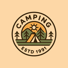 Camping Adventure Logo Design with Tent, Trees and Mountain Scenery