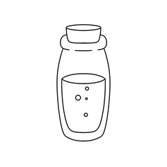 A glass bottle with a cork stopper and a clear liquid inside