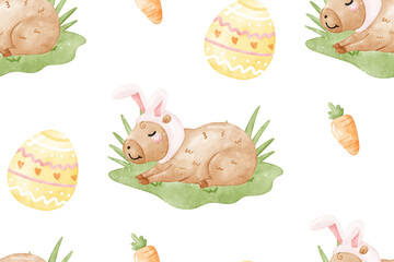 Easter capybara watercolor seamless patterns background, Cute Capybara with bunny ears.