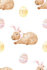 Easter capybara watercolor seamless patterns background, Cute Capybara with bunny ears.