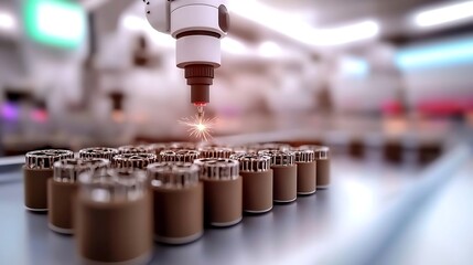 Robotic arm precisely working on metal containers, industry automation, modern futuristic facility setting