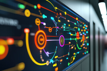 Obraz premium A vibrant digital interface showcasing interconnected data nodes and pathways, representing real time API REST network status