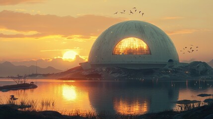 Obraz premium Dome structure on a serene lake at sunset. A futuristic, slightly dilapidated sphere rests on a reflective water surface. Birds fly in a serene sky