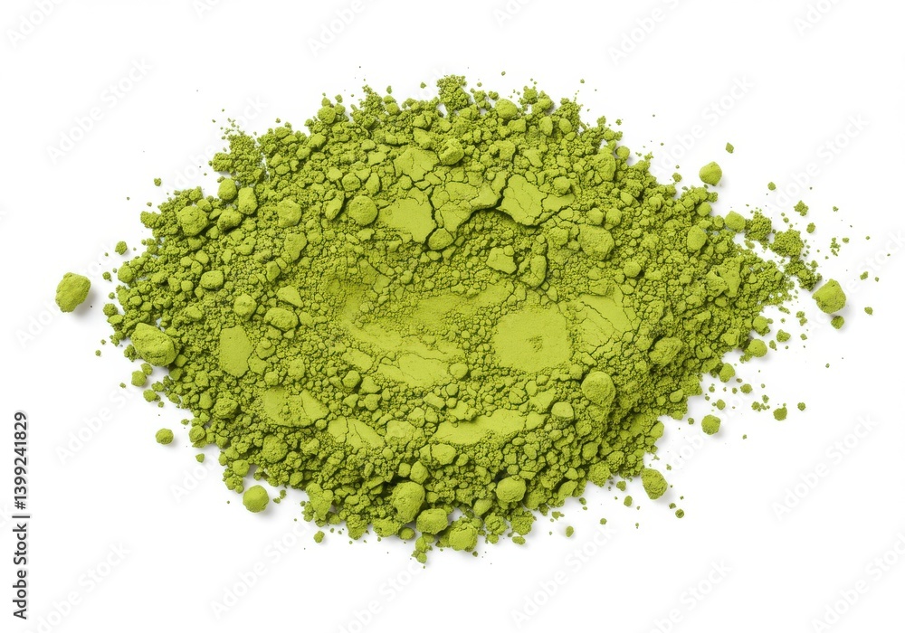 Poster a heap of vibrant green matcha powder displayed on a clean white surface in a studio setting view