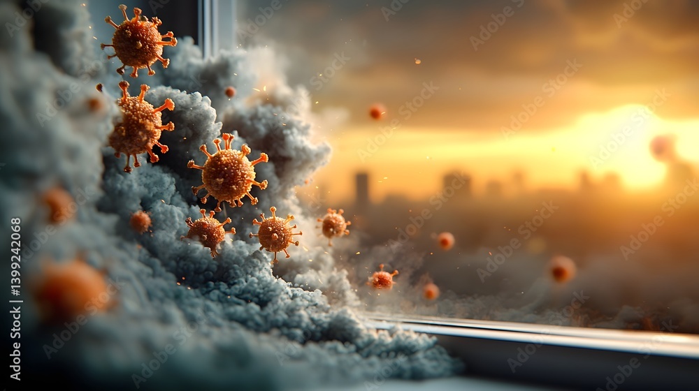 Aufkleber floating viral elements captured near a window their movement echoed in the billowing of a lightweig