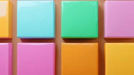Rows of glossy, colorful square shapes are shown on a tan background, close up