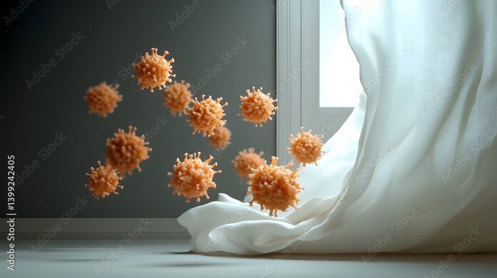 Poster floating virus forms casting dynamic shadows on a flowing white linen curtain in an illuminated stud