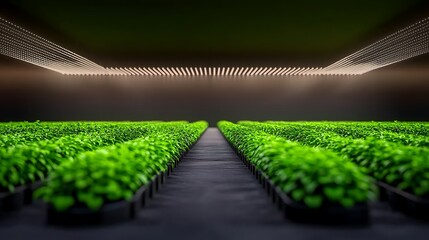Obraz premium Rows of leafy greens grow indoors under artificial light, stretching towards an unknown horizon