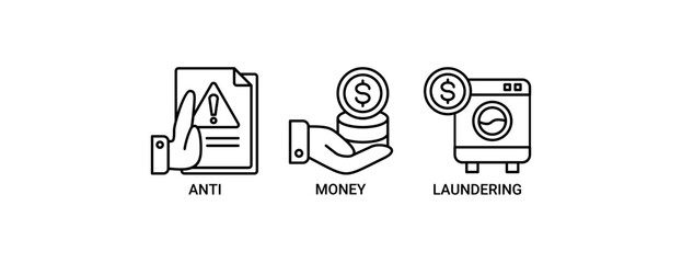 Anti money laundering icon set. Containing icon of bank, income, security, and washing icons. Outline vector symbol background.