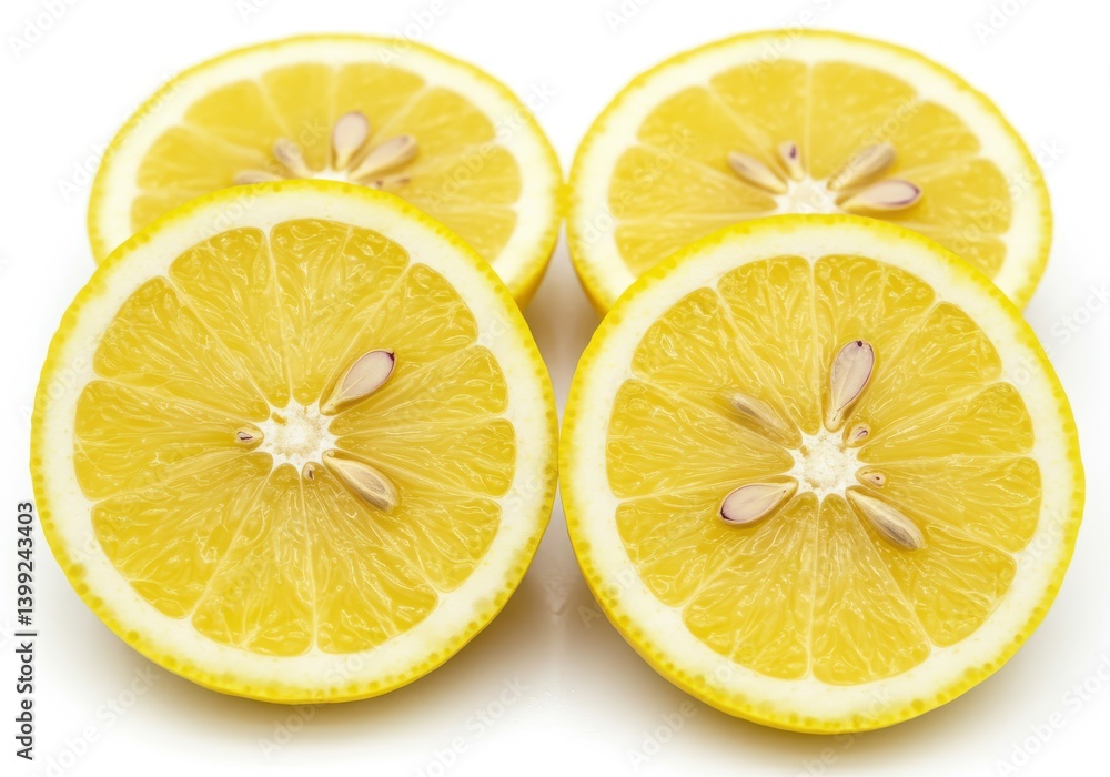 Poster four lemon halves displaying their juicy pulp and seeds on a white surface in a close up view