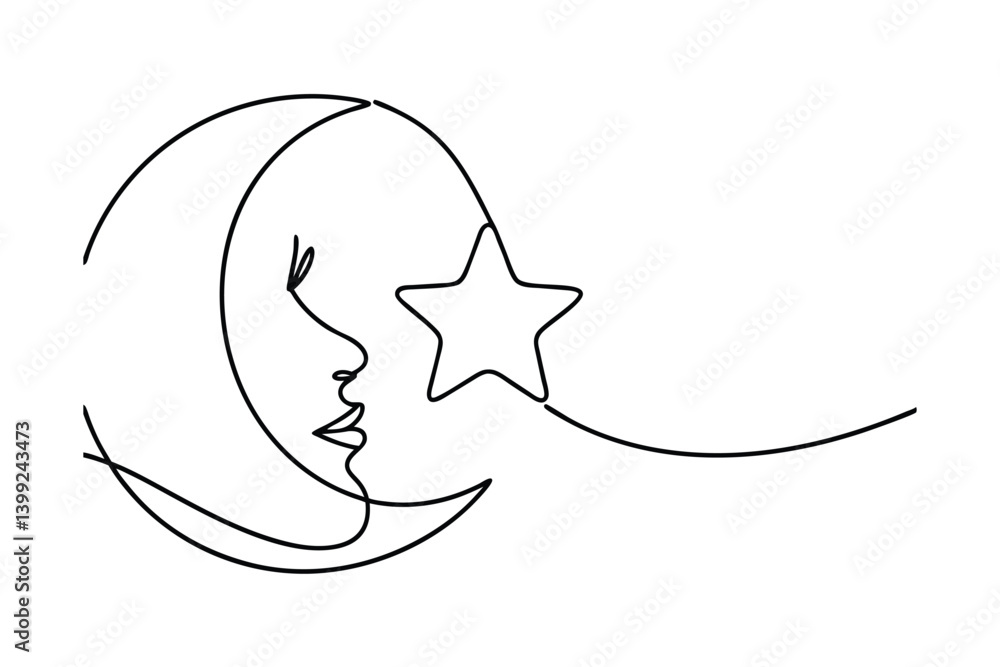 Poster minimalist continuous line drawing of moon with face and star celestial design