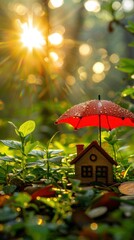 Tiny house protected by umbrella, forest background, sunrise, property insurance concept