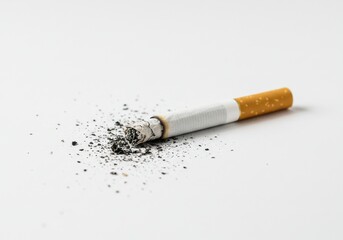Close up of a lit cigarette with ash scattered around it on a white surface in a studio setting