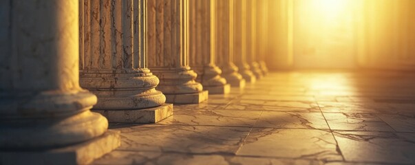 Fototapeta premium The image showcases a warm, golden light illuminating classical columns, highlighting intricate textures and creating a serene atmosphere.