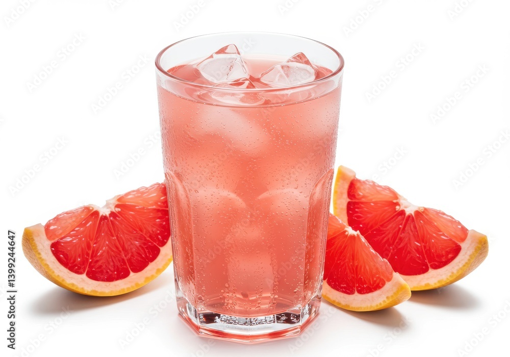 Poster glass of refreshing grapefruit juice with ice cubes and grapefruit slices on a white background