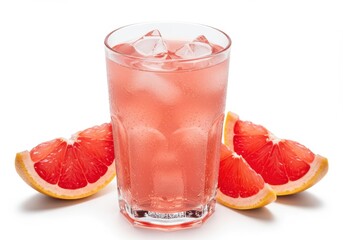 Glass of refreshing grapefruit juice with ice cubes and grapefruit slices on a white background