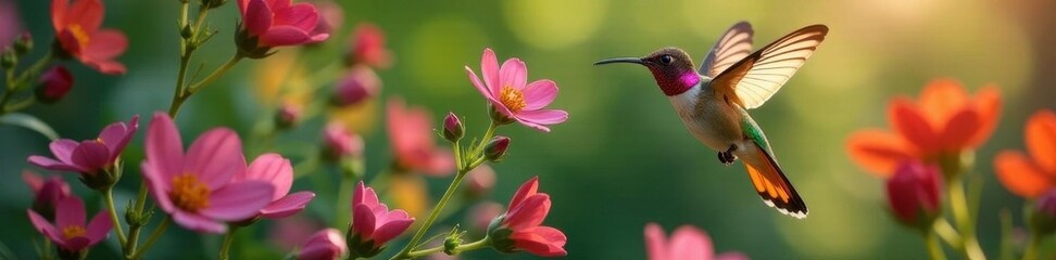 Vibrant butterflies, hummingbird hover near blooming flowers , closeup, bright, insect photography