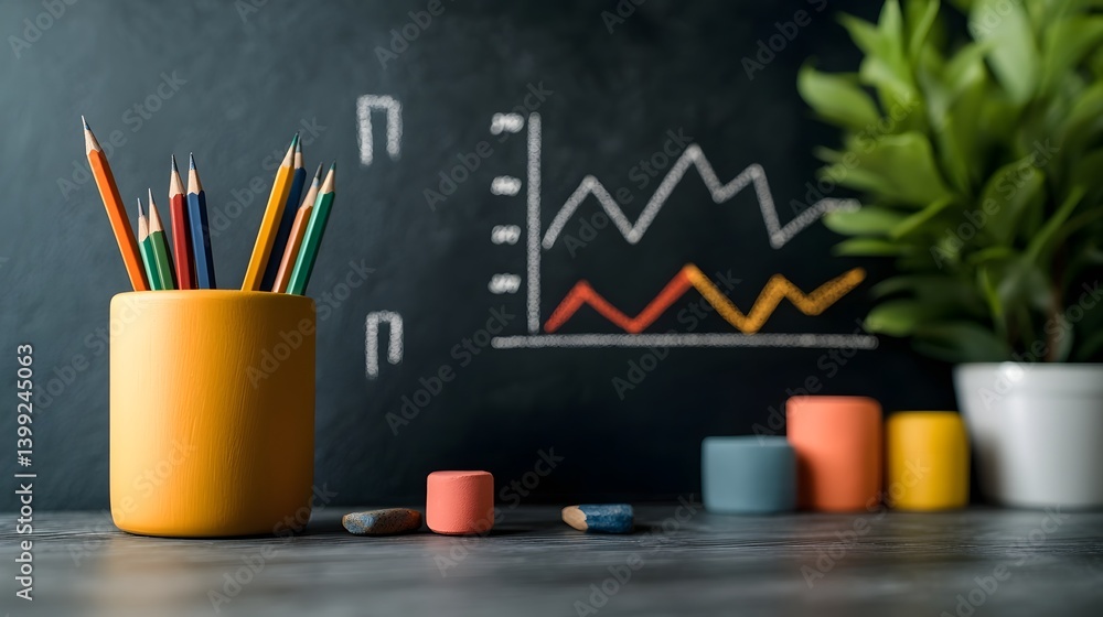 Poster intricately designed graphs and charts rendered in delicate chalk lines on a dark weathered chalkboa