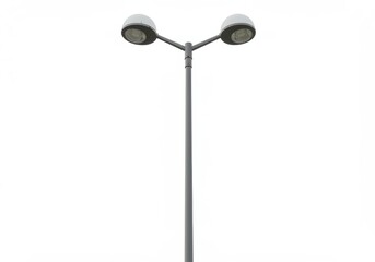 A symmetrical street light with two lamps on a gray pole against a white background in a simple composition