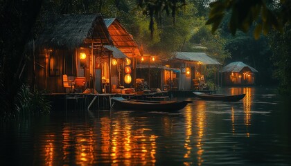 Obraz premium Idyllic river dwellings bathed in the gentle glow of lanterns at twilight