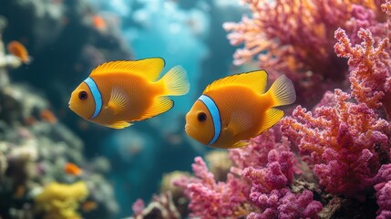 Obraz premium Two Orange Fish Swimming in Coral Reef