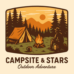 Camping Scene Illustration Campfire Tent and Person Enjoying Nature