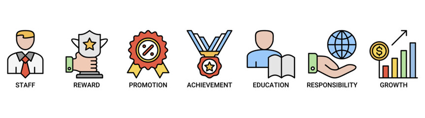 Employee motivation icon set. Containing icon of staff, reward, promotion, achievement, education, responsibility and growth icons. Outline color vector symbol background.