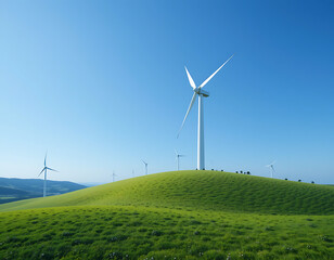 Wind Turbines Generating Clean Energy on Rolling Green Hills