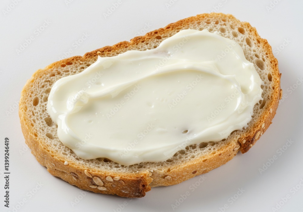 Poster a slice of multigrain bread topped with a generous layer of creamy white spread on a white backgroun