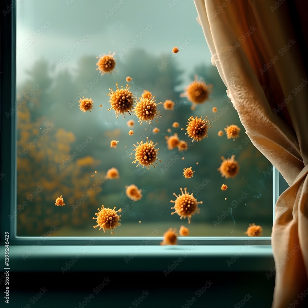 Poster microscopic virus particles floating in the air sheer curtains billowing in the breeze intricate bio