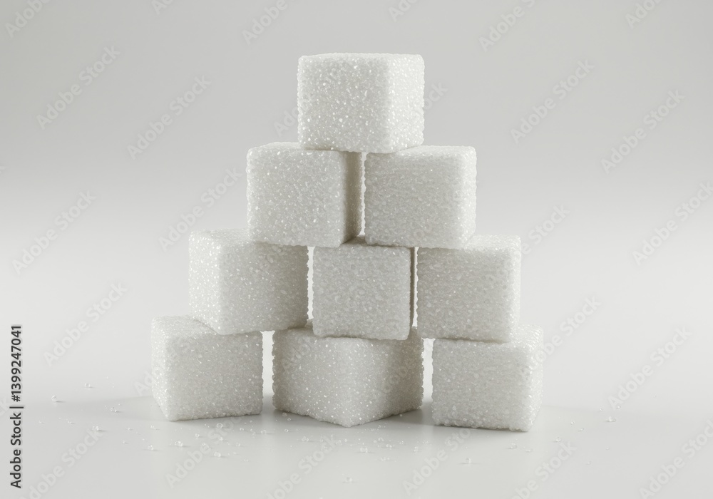 Poster A pyramid made of sugar cubes on a white background in a studio shot with soft diffused lighting