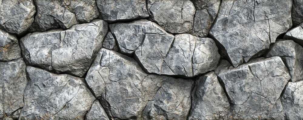 Poster a textured surface of uneven gray rocks, showcasing natural patterns and crevices, ideal for backgro