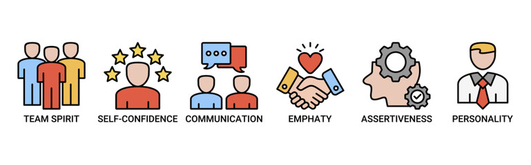 Soft-skills icon set. Containing icon of team spirit, self-confidence, communication, empathy, assertiveness, and personality icons. Outline color vector symbol background.
