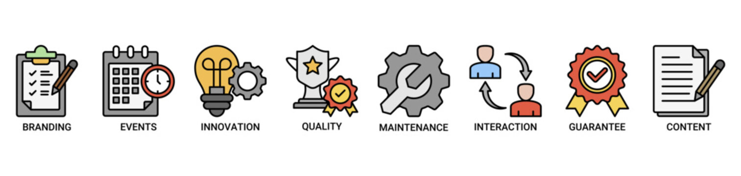 Customer engagement icon set. Containing icon of branding, events, innovation, quality, maintenance, interaction, guarantee, content icons. Outline color vector symbol background.